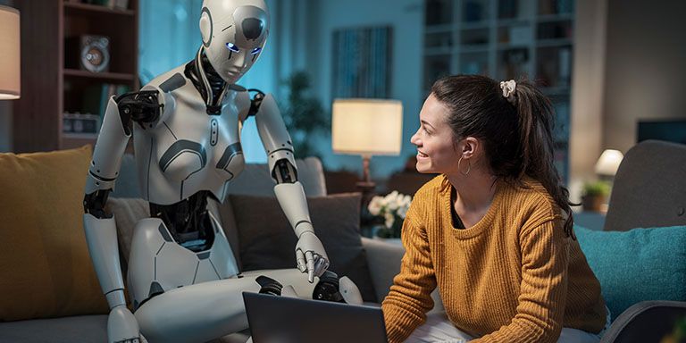 Mulher e robot com inteligência artificial